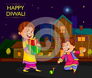 Kids enjoying firecracker celebrating Diwali festival of India