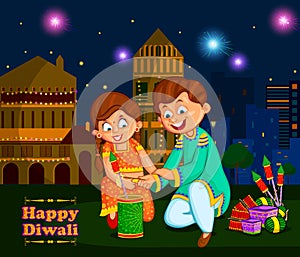 Kids enjoying firecracker celebrating Diwali festival of India