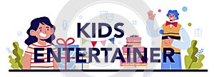 Kids entertainer typographic header. People celebrating children birthday