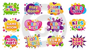 Kids entertainment badges. Game room party labels, children education and entertainment club elements. Baby playing zone