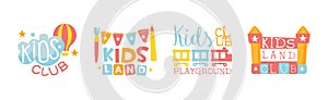 Kids Entertainment Club Colorful Promo Signs For Playing Space Vector Set