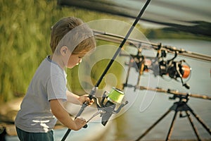 Kids enyoj happy day. Fishing, angling, activity, adventure, sport