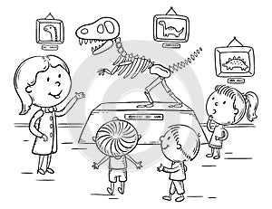 Kids on excursion in the dinosaur or natural history museum with a guide or teacher, outline illustration