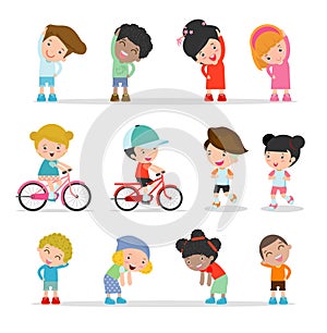 Kids exercising, children stretching ,child exercising , happy Kids Exercising, flat cute cartoon design illustration