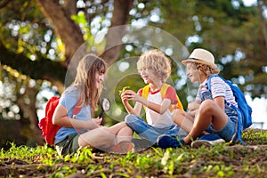 Kids explore nature. Children hike in sunny park