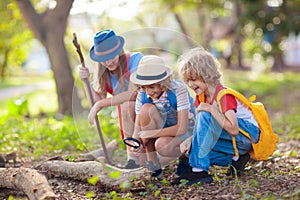 Kids explore nature. Children hike in sunny park