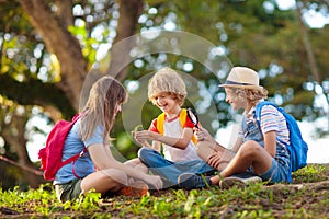 Kids explore nature. Children hike in sunny park