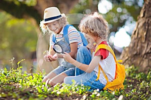 Kids explore nature. Children hike in sunny park
