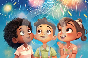 kids with eyes wide open watching colorful fireworks
