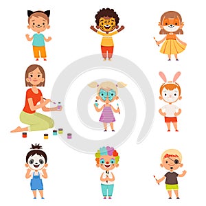 Kids face painting. Animator drawing and playing with childrens party costumes makeup vector cartoon