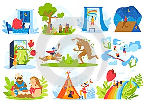 Kids fairy tale imagination vector illustration set, cartoon flat dream magic collection with children fantasy magic