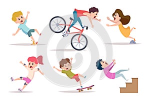 Kids falling. Boys girls outdoor running and falling shocked accident dangerous situation for children exact vector concept