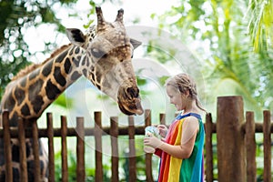 Kids feed giraffe at zoo. Children at safari park.