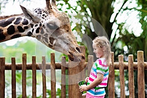 Kids feed giraffe at zoo. Children at safari park