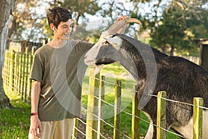 kids feeding a goat on green grass in a farmyard or on a lawn, countryside or village environment, contact zoo or