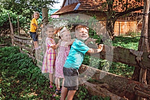 Kids feeding sheep with green branch during summer vacation on the farm