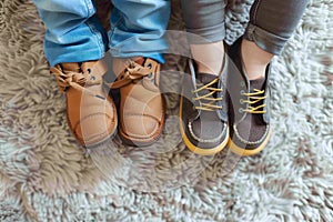 kids feet with mismatched shoes, deciding which to choose