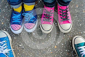 kids feet with mismatched shoes, deciding which to choose