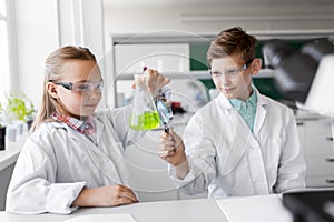 Kids with flask and magnifier at chemistry class