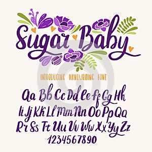 Kids font. Typography alphabet with colorful child illustrations. Handwritten script for celebration and crafty design.