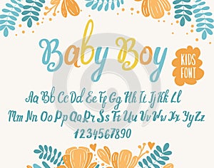 Kids font. Typography alphabet with colorful child illustrations. Handwritten script for crafty design.