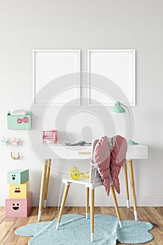 Kids Frame interior mock up . Wall art. Scandinavian interior. 3d rendering, 3d illustration