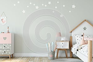 Kids Frame interior mock up . Wall art. Scandinavian interior. 3d rendering, 3d illustration