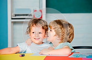 Kids freinds gets ready for school. Funny little children having fun on first time to school.