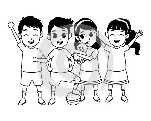 Kids friends playing and smiling cartoons in black and white