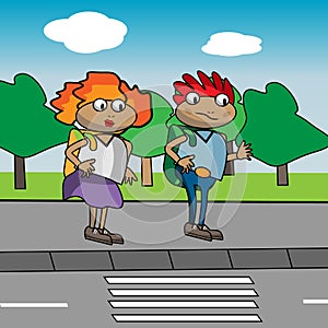 Kids in front of pedestrian crossing