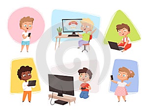 Kids with gadgets. Future technology children using laptop smartphone pc and electronic tablet vector cartoon