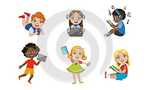 Kids with Gadgets Set, Cute Smiling Boys and Girls Characters Using Tablet, Smartphone, Laptop, Media Player Vector