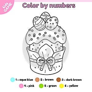 Kids game Color by numbers with Easter cake
