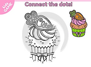 Kids game Connect the dots and draw Easter cupcake