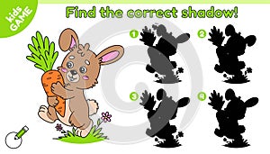 Kids game Find the correct shadow of cartoon hare