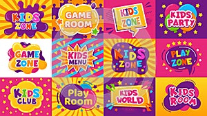 Kids game zone banner. Children game party posters, kid play area, entertainment, education room. Baby playground