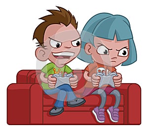 Kids Gamers Playing Video Games Console Cartoon