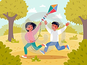 Kids games. Friends fly kite in park. Outdoor fun. Children playing in nature. Smiling boys and girl with flying toy