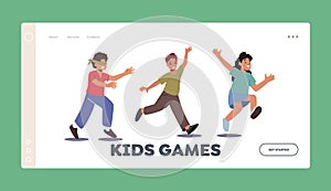 Kids Games Landing Page Template. Little Boy with Blindfold Catching Hiding Friends. Summer Active Games for Children