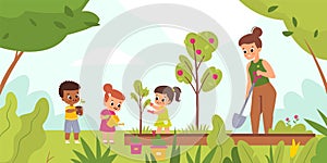 Kids garden planting. Happy children with women tend plants outdoor, woman with little girls and boy dig holes and water photo
