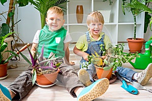 Kids gardening in greenhouse