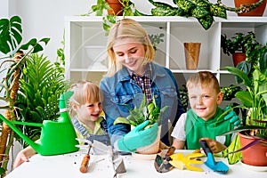 Kids gardening with their mother