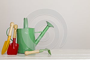 Kids gardening tools on white wooden table