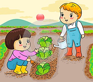 Kids gardening working in farm vector illustration