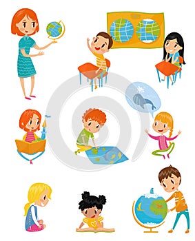 Kids at geography lesson set, preschool activities and early childhood education concept vector Illustrations on a white