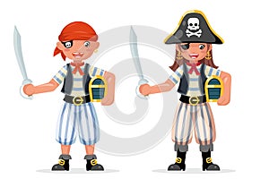 Kids boy girl pirate adventure party sailor capitan child costume masquerade teen treasure chest character design vector