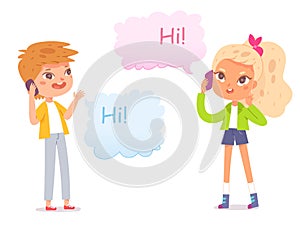 Kids girl and boy talk mobile phone, little children talking, text in conversation bubble