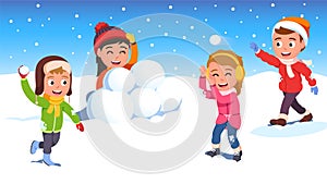 Kids friends playing snowball fight together photo