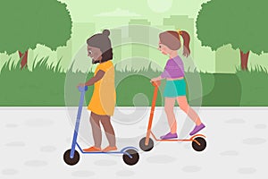 Kids girls friends play kick scooter together, happy little child riding personal scooter