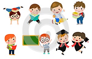 Kids go to school, back to school, Cute cartoon children, happy children, Vector Illustration.